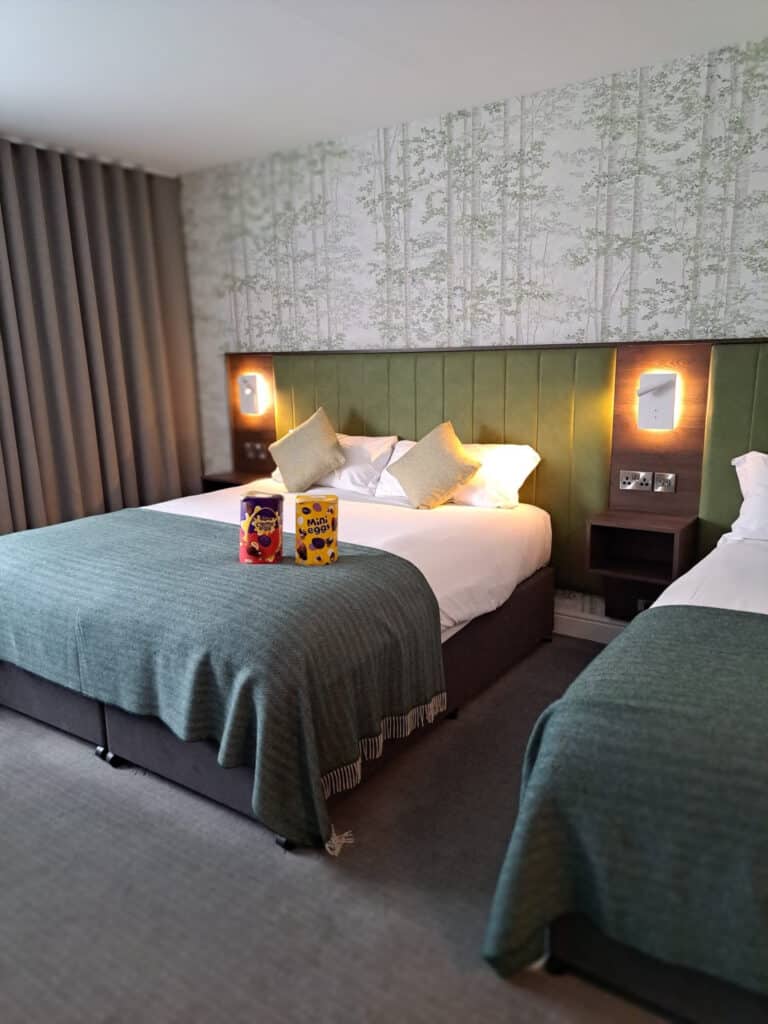 Easter eggs on bed in double bedroom in the Hoban Hotel