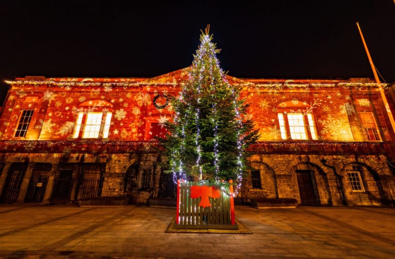 Christmas Tree and historic building lit up with festive lights in Kilkenny.