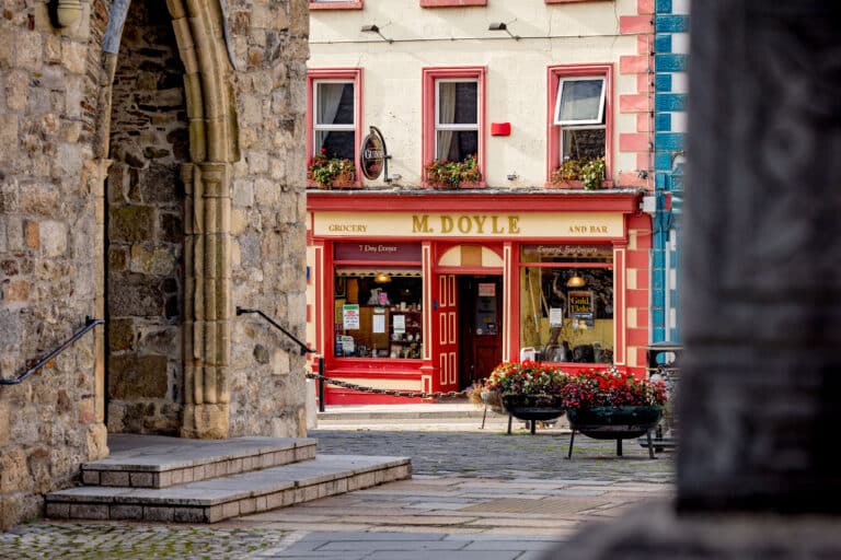 The Historic city of Kilkenny, Coble stone streets with marble arch.